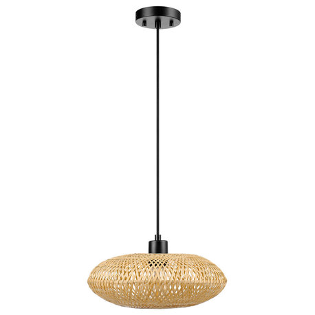 1-Light Matte Black Pendant Light with Blonde Bamboo Shade