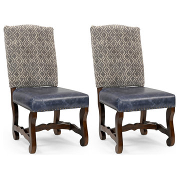 Kelcy Chenille and Leather Dining Chairs (Set of 2), Beige/Blue