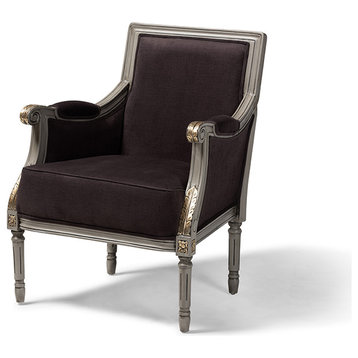 Georgette French Inspired Brown Velvet Gray Armchair With Goldleaf Detailing