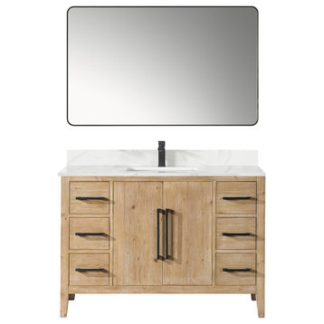 Laurel Bathroom Vanity with Calacatta White Quartz Stone Countertop, Weathered Fir, 48", With Mirror