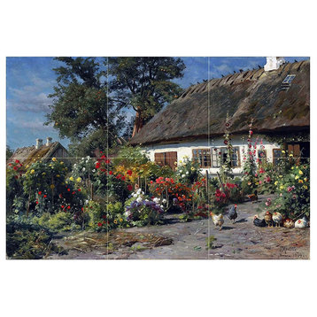 Tile Mural Cottage garden with chickens Backsplash 6" Ceramic Matte