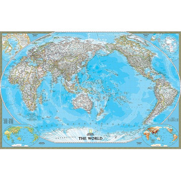 Pacific-Centered Political World Map Wall Mural, Self-Adhesive Wallpaper