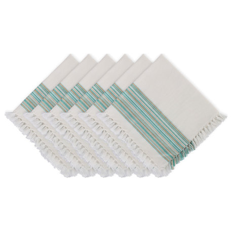 Teal Blue Striped Fringed Napkin Set of 6