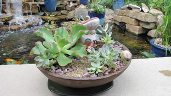 Succulent container garden with Gnome in antique replica bowl