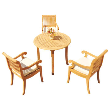 4-Piece Outdoor Patio Teak Patio Dining Set: 36" Round Table, 3 Giva Arm Chairs