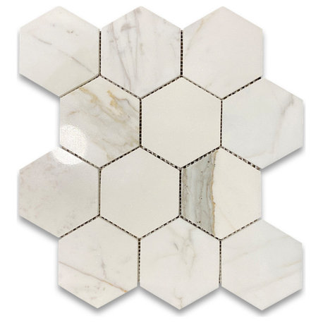 Calacatta Gold Marble 4 inch Hexagon Mosaic Tile Polished Calcutta Oro, 1 sheet