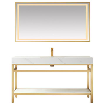 Funes Bath Vanity with Mirror, Brushed Gold Support, 60'' Single Sink, White Stone Top