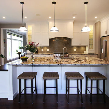 Open Transitional White Kitchen with Butcher Block