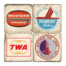 Tumbled Marble Coaster St/4 With Coaster Stand, Vintage Airline Logos