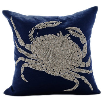 Blue Art Silk Sequins & Beaded Bird Pillows Cover, Birdy Flight, 10. Navy Blue (Crab at the Shore), 16"x16"