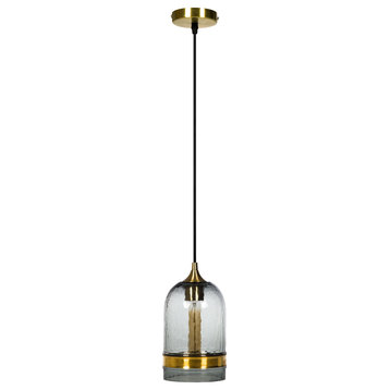 Hammered Glass Pendant Light with Brass Ring, 1 Ceiling Hanging Light, Gray, Medium