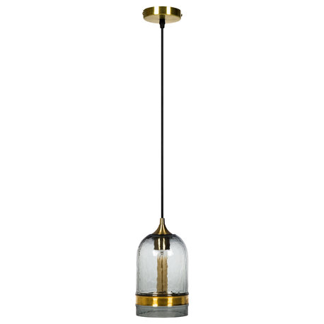 Hammered Glass Pendant Light with Brass Ring, 1 Ceiling Hanging Light, Gray, Medium