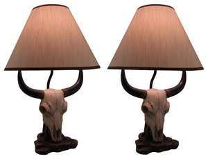 Set of 2 Cattle Ranch Bovine Cow Skull Decorative Table Lamps with Fabric Shade