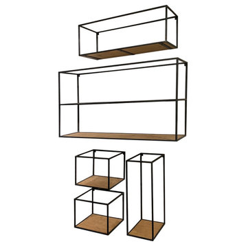 Riaz Black Metal And Brown Wood Cube Shelves, Set of 5