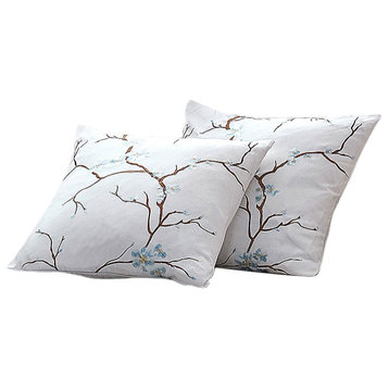 Cherry Blossom Embroidery 2 Piece Pillow Covers, Light Blue, 20" X 20"