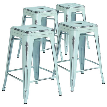Backless Metal Counter Stools, Distressed Dream Blue, 24" High, Set of 4