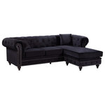 Meridian Furniture - Sabrina Velvet 2-Piece Reversible Sectional, Black - Lounge in luxurious style and comfort with this sleek Sabrina black velvet reversible two-piece sectional. Featuring elegant, plush velvet upholstery and a deep tufted back, this sectional is a little piece of heaven for you to kick back and relax on. Double row chrome nailheads give the sectional a contemporary element, and a reversible chaise offers a comfortable place to kick up your feet after a long day. Pillows are included as well to add to your comfort.