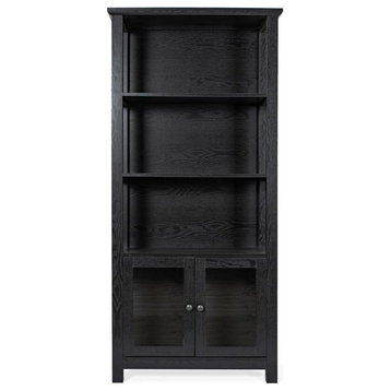 Stella Farmhouse Bookcase Cabinet with Tempered Glass Doors & 3 Shelves, Black