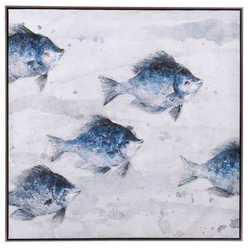 Ecco 5 Blue Abstract Fish Framed and Handpainted on Canvas