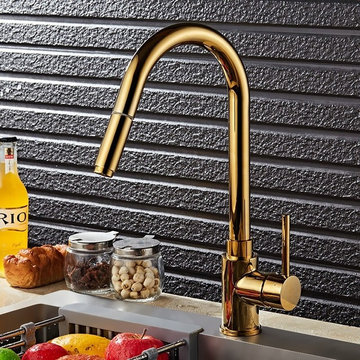Luxurious High-Arc Single Handle 1-Hole Solid Brass Pull-out Spray Kitchen Fauce