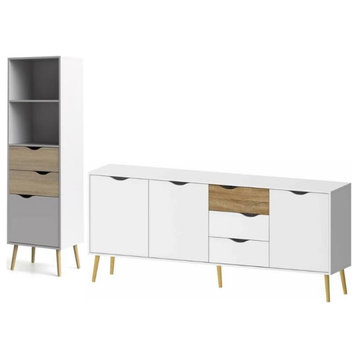 Tvilum Diana 2 Piece Wooden Bookcase and 77" Sideboard Set in White and Oak
