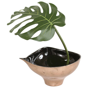 Single Philodendron Leaf with Black Rocks in Bronze-Finish Leaf Bowl