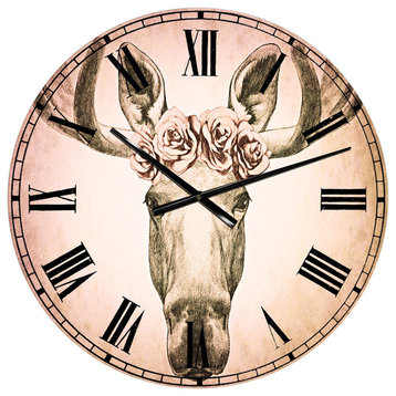 Moose With Floral Head Wreath Moose Large Metal Wall Clock, 23x23