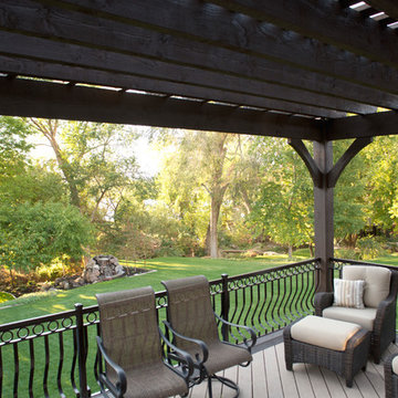 Timber Frame Tiered Pergolas, Deck, Ornamental Metal Railings