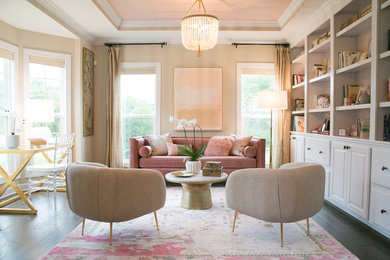 Example of a large transitional freestanding desk brown floor and dark wood floor study room design in Other with beige walls
