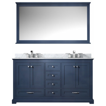 60 Inch Navy Blue Double Sink Bathroom Vanity, White Marble, Transitional
