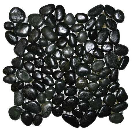 12x12 Glazed Charcoal Black Pebble Tile, Mesh Backing for Shower