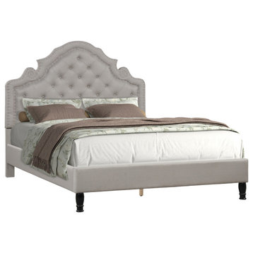 Theresa Modern Tufted Bed With Nailhead Trim, Gray, Queen