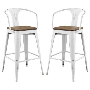 Hawthorne Collections 30" Metal Wooden Seat Bar Stool in White (Set of 2)