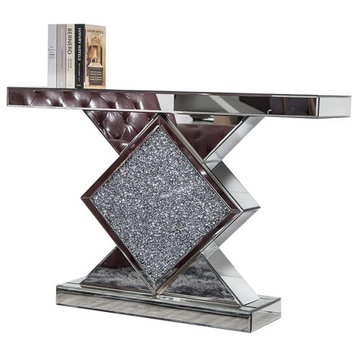 Contemporary Console Table, Mirrored Design With Diamond Shaped Accent, Silver