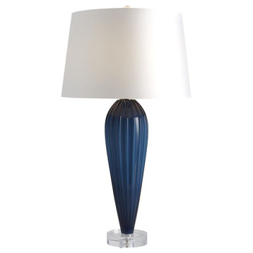 Classic Tapered Teardrop Shaped Art Glass Table Lamp Blue 35 in Ribbed Curved