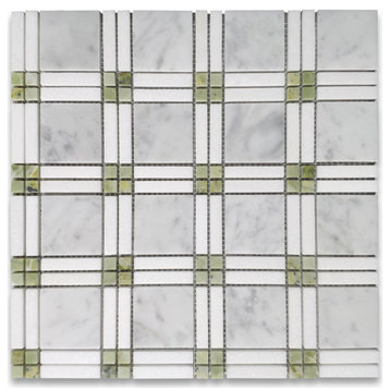 Carrara White Marble Plaid Tartan Mosaic Tile Green Jade Thassos Honed, 1 sheet