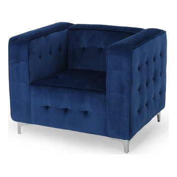 Laura Modern Glam Velvet Cube Club Chair, Navy Blue, Chrome