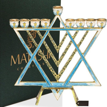 Hand Painted Blue Enamel Menorah Candelabra With a Star of David