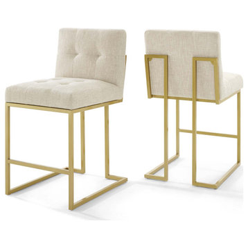 Privy Gold Stainless Steel Fabric Counter Stool Set of 2, Gold Beige
