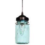 The Lamp Goods - Blue Mason Jar Pendant With Authentic Jar, Oil Rubbed Bronze - A handcrafted pendant that lights an original blue, vintage mason jar with all its history. Featuring both the original wire-bail and raised lettering.