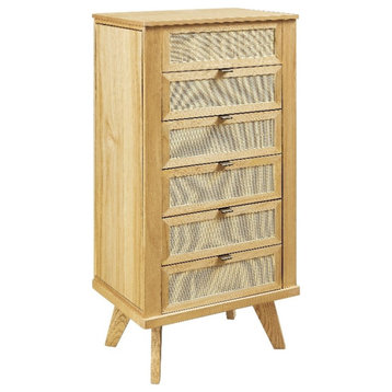 Pemberly Row 5-Drawer Wood & Cane Jewelry Armoire with Flip Top in Natural Brown