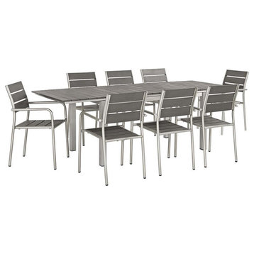 Modway Shore 9-Piece Extendable Aluminum Patio Dining Set in Silver and Gray