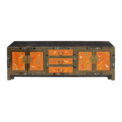 Chinese Oriental Brown Orange Butterflies Flower Low TV Console Cabinet - Accent Chests And Cabinets