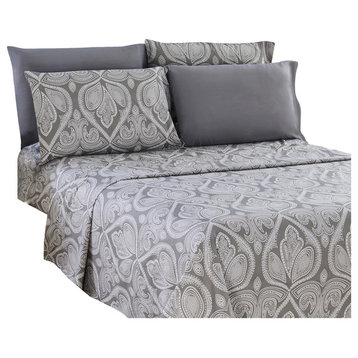 6 Piece: Luxury Paisley Printed Bed Sheet set, Twin 4 Piece, Grey, King