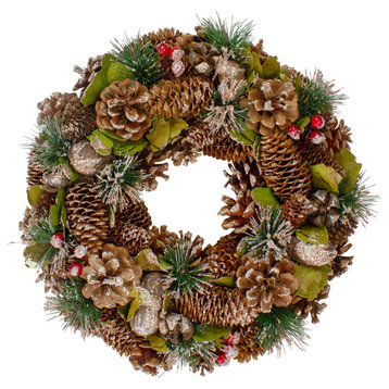 Green and Brown Frosted Pinecones and Bells Christmas Wreath, 13" Unlit
