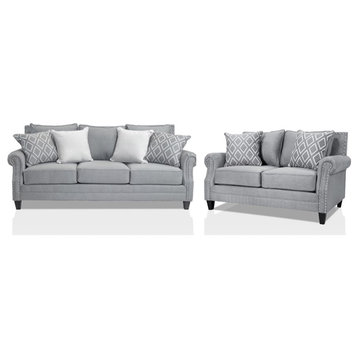 Furniture of America Hanson Fabric Nailhead Trim 2-Piece Sofa Set in Gray