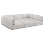 Meridian Furniture - Ease Polyester Upholstered U-Shaped Modular Sectional, Cream, 5 Piece: 2 Corner, 3 Armless, 1 Ottoman - Ease into comfort when you bring home this Ease fabric modular sofa. Designed with an uber casual vibe in mind, this plump sofa sits low to the floor, making it a simplistically perfect addition to a living room, den, game room, teen's room, or dorm room. This fun sofa is part of a modular collection, so you can add it with other items in the Ease collection for a custom arrangement.