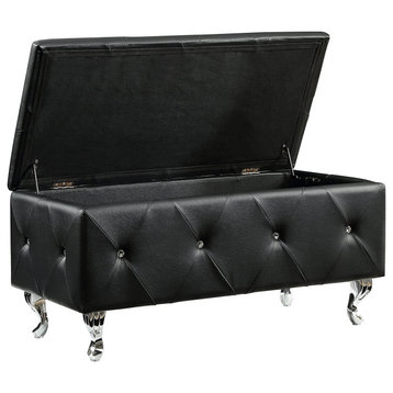 Modern Storage Bench, Bonded Leather Seat With Crystal Like Accents, Midnight