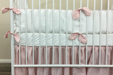 Nursery Bedding, White bumpers with Dogwood Pink Leaf Ties, Dogwood Pink Linen C