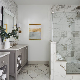 Bathroom - coastal master gray tile, multicolored tile and porcelain tile porcelain floor and multicolored floor bathroom idea in Chicago with furniture-like cabinets, gray cabinets, white walls, an undermount sink, quartz countertops and white countertops